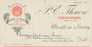 712126 Kop van een nota van P.E. Thueré, Thee- en Koffiehandel, Leveranciers aan verschillende Hoven, [Lijnmarkt No. 68 ...